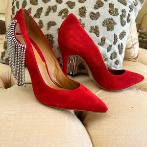 Red suede pumps with rhinestone fringe Jagger The Label Diamanté Red Suede Pumps